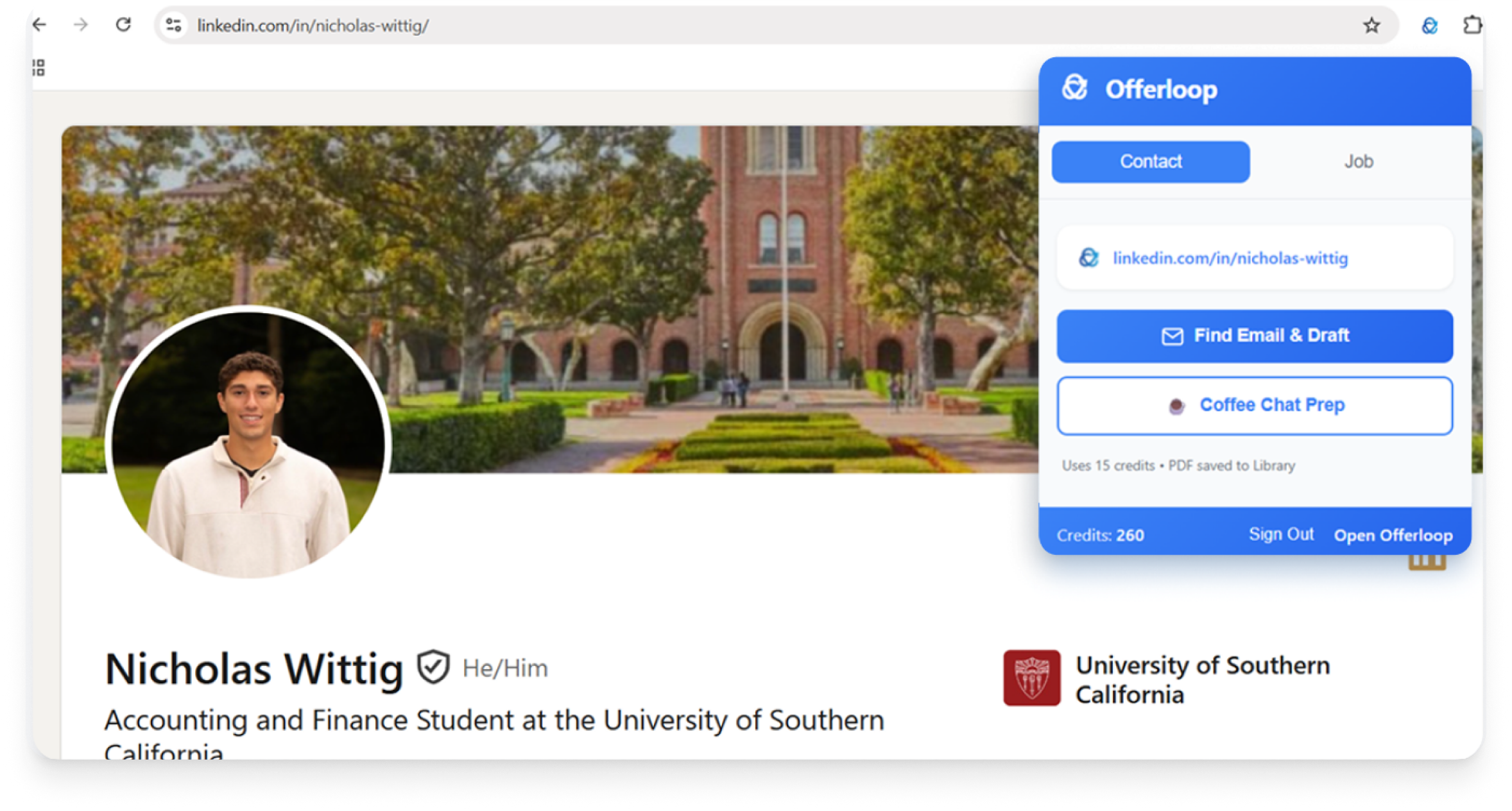 Offerloop Chrome extension on LinkedIn